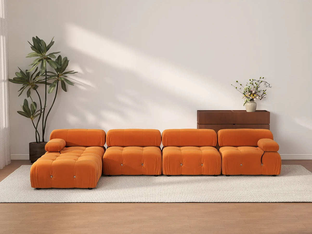 Éther Orange 4-Seater L-Shaped Sectionals | 5-Piece (includes 1 ottoman), Velvet Fabric, Fixed Upholstery