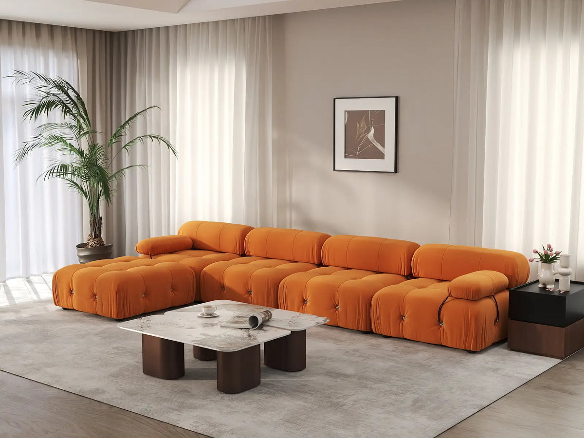 Éther Orange 4-Seater L-Shaped Sectionals | 5-Piece (includes 1 ottoman), Velvet Fabric, Fixed Upholstery