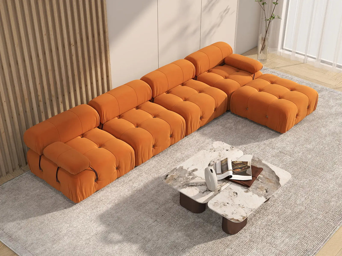 Éther Orange 4-Seater L-Shaped Sectionals | 5-Piece (includes 1 ottoman), Velvet Fabric, Fixed Upholstery