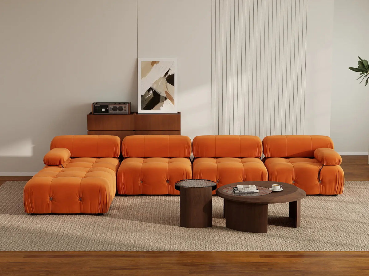 Éther Orange 4-Seater L-Shaped Sectionals | 5-Piece (includes 1 ottoman), Velvet Fabric, Fixed Upholstery