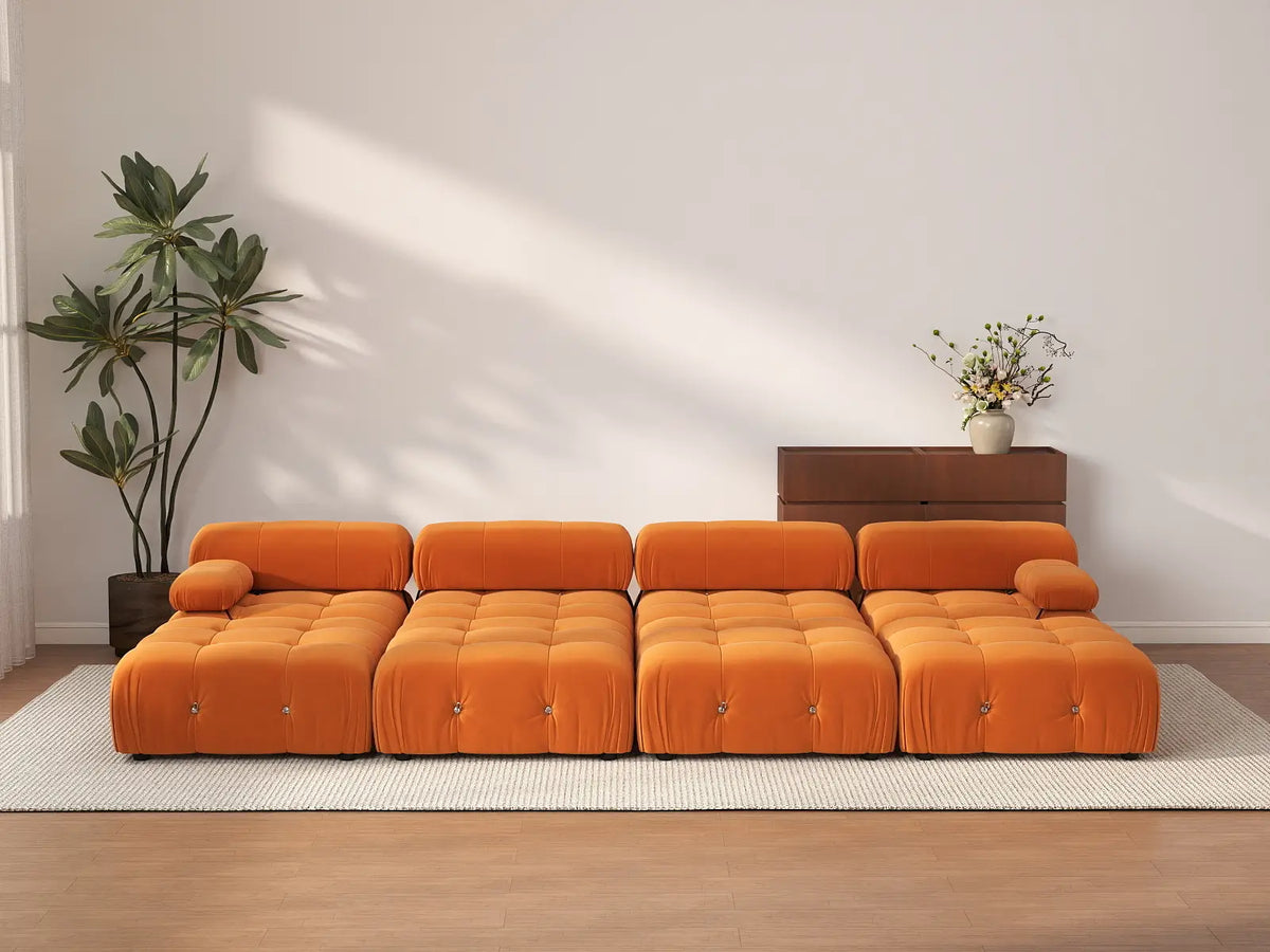 Éther Orange 4-Seater Pit Sectionals | 8-Piece (includes 4 ottomans), Velvet Fabric, Fixed Upholstery