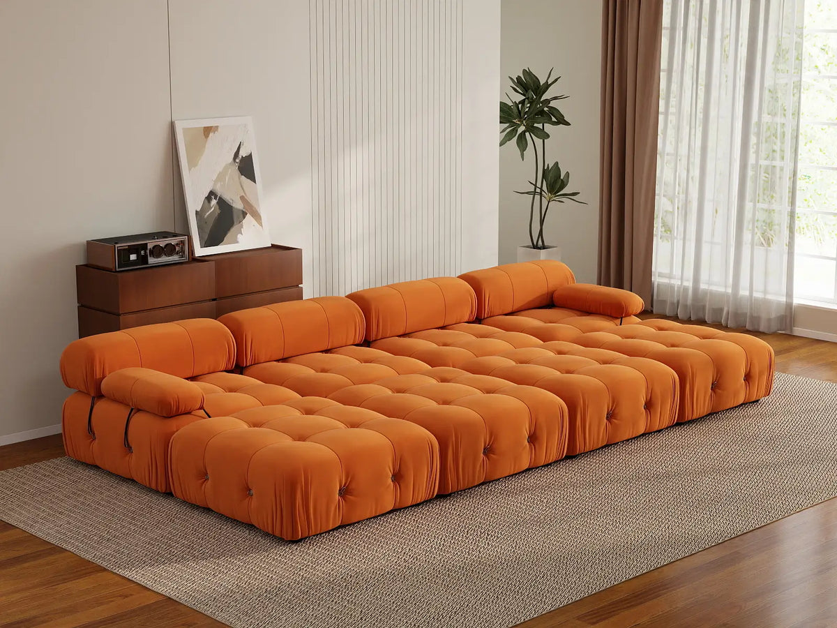 Éther Orange 4-Seater Pit Sectionals | 8-Piece (includes 4 ottomans), Velvet Fabric, Fixed Upholstery