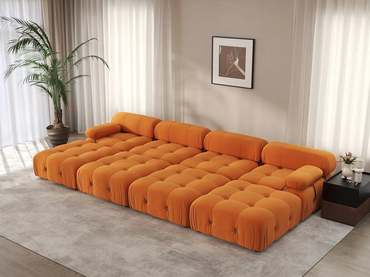 Éther Orange 4-Seater Pit Sectionals | 8-Piece (includes 4 ottomans), Velvet Fabric, Fixed Upholstery