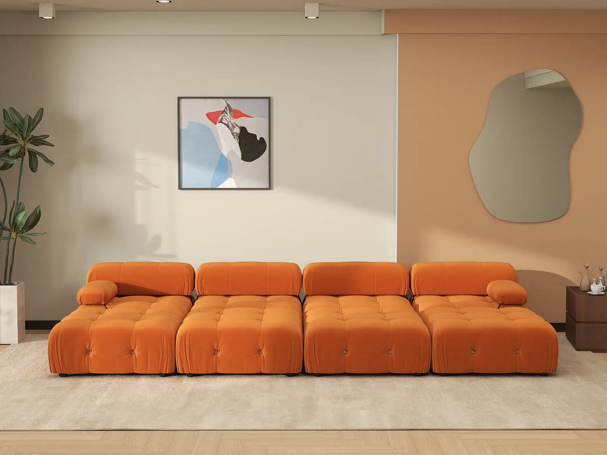 Éther Orange 4-Seater Pit Sectionals | 8-Piece (includes 4 ottomans), Velvet Fabric, Fixed Upholstery