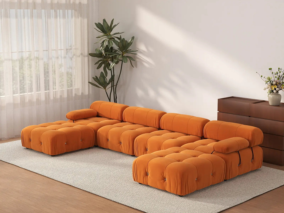 Éther Orange 4-Seater U-Shaped Sectionals | 6-Piece (includes 2 ottomans), Velvet Fabric, Fixed Upholstery