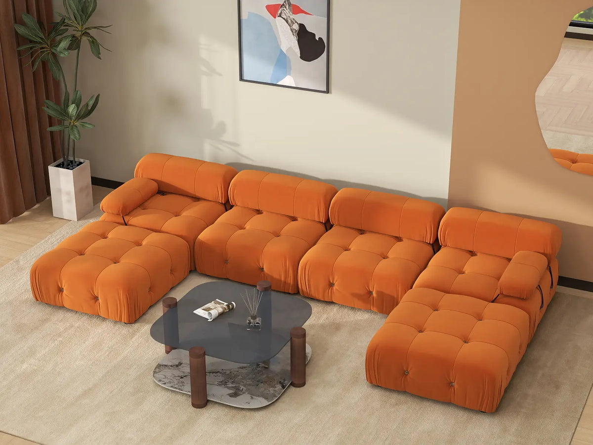 Éther Orange 4-Seater U-Shaped Sectionals | 6-Piece (includes 2 ottomans), Velvet Fabric, Fixed Upholstery