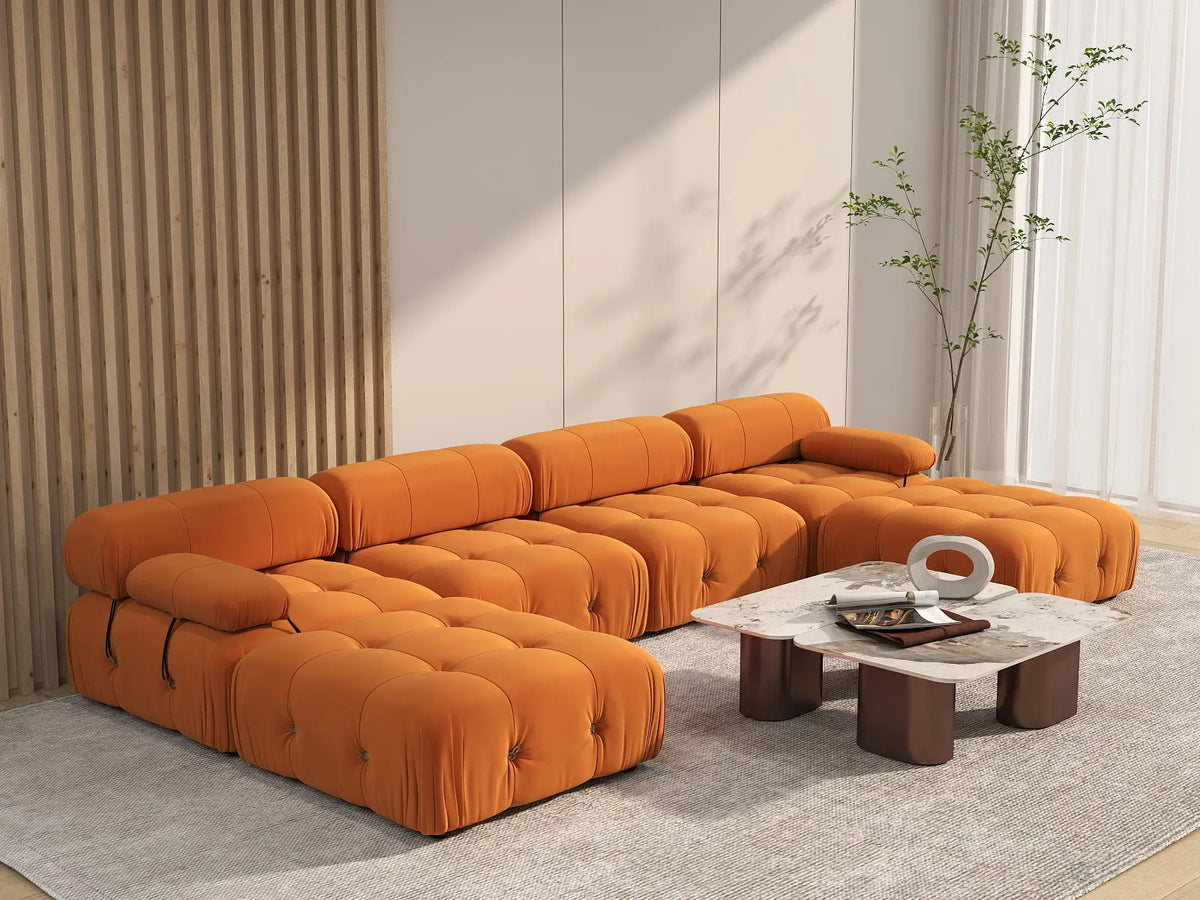 Éther Orange 4-Seater U-Shaped Sectionals | 6-Piece (includes 2 ottomans), Velvet Fabric, Fixed Upholstery