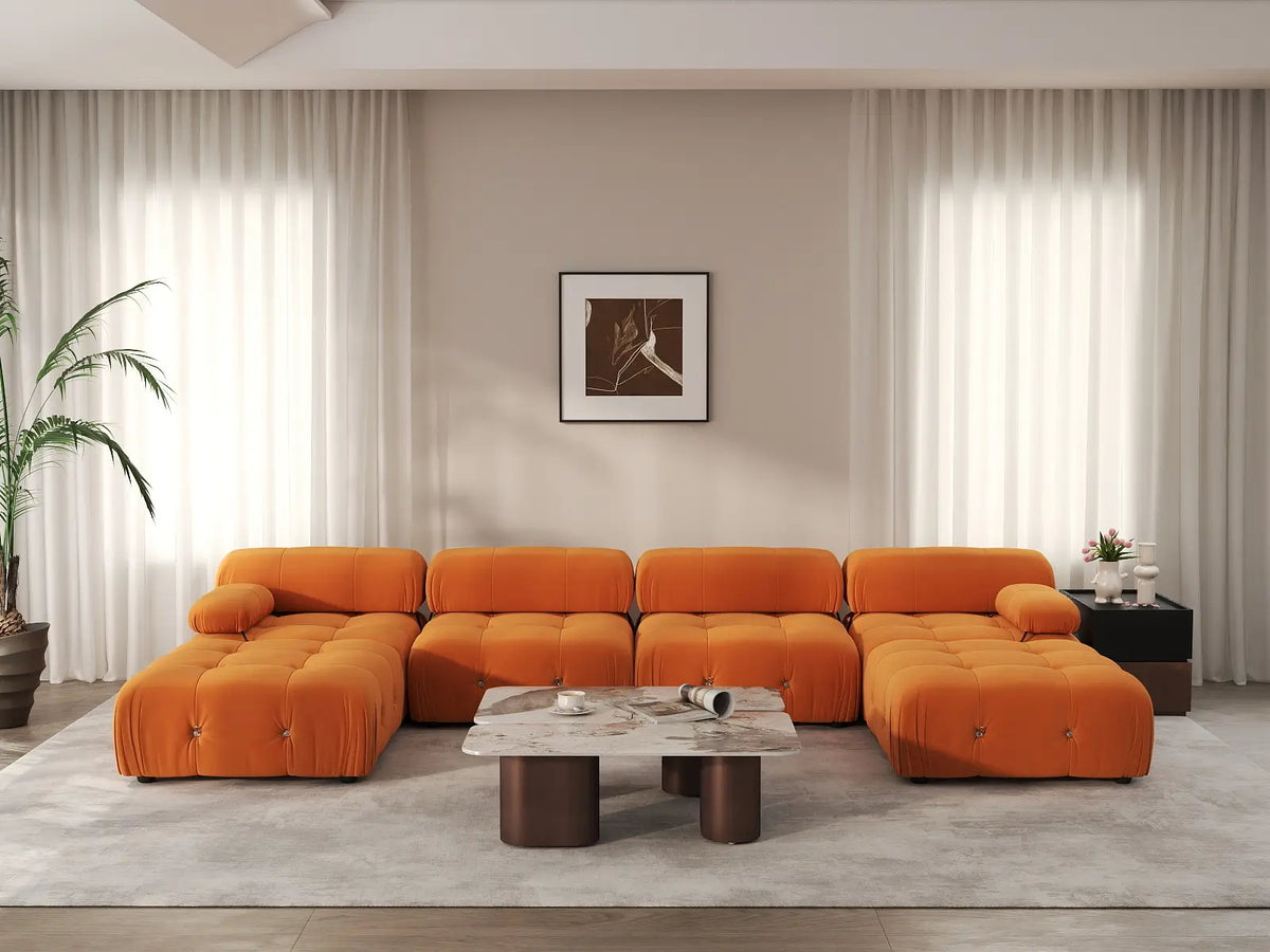 Éther Orange 4-Seater U-Shaped Sectionals | 6-Piece (includes 2 ottomans), Velvet Fabric, Fixed Upholstery