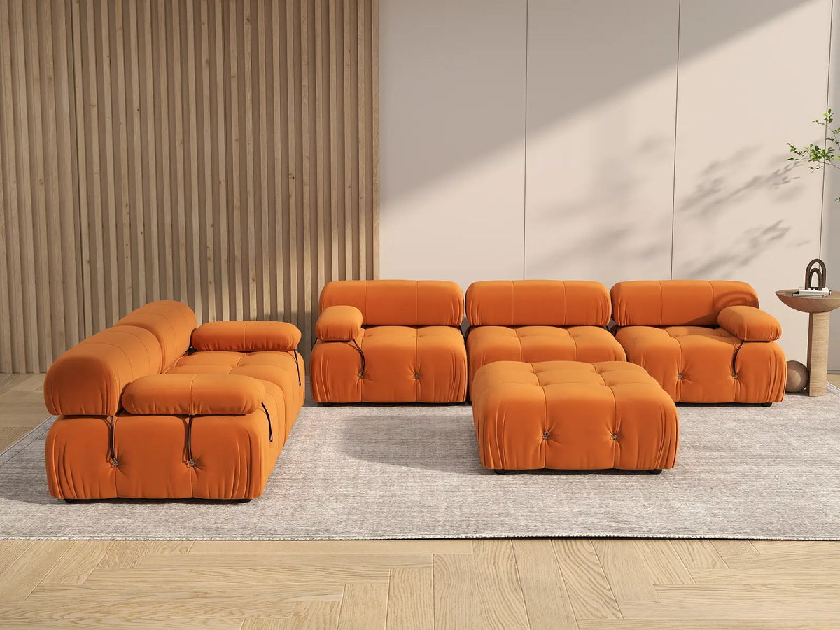 Éther Orange 5-Seater Sofa Sets | 6-Piece (includes 1 ottoman), Velvet Fabric, Fixed Upholstery