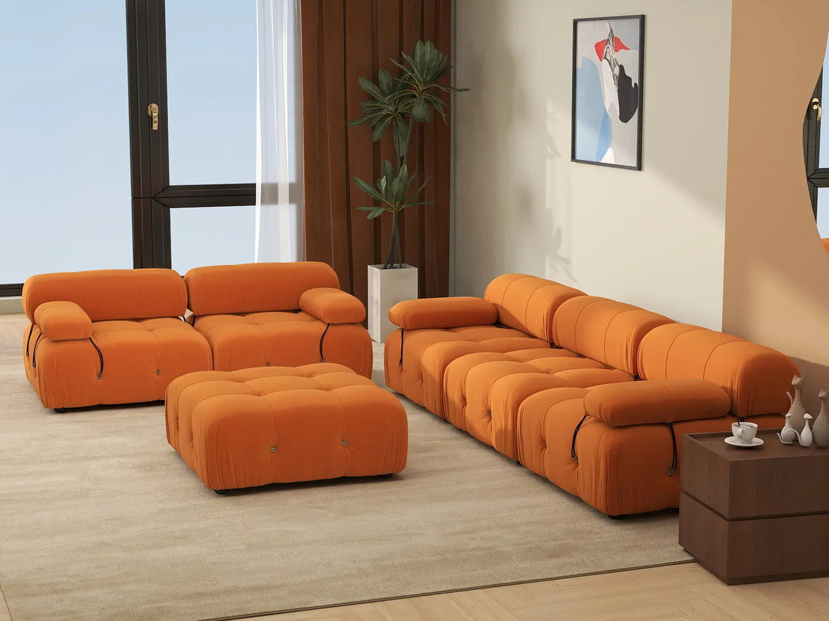 Éther Orange 5-Seater Sofa Sets | 6-Piece (includes 1 ottoman), Velvet Fabric, Fixed Upholstery