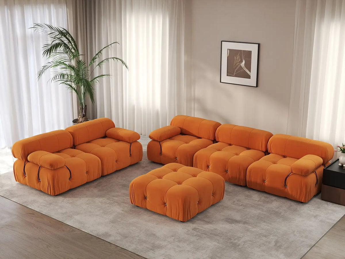 Éther Orange 5-Seater Sofa Sets | 6-Piece (includes 1 ottoman), Velvet Fabric, Fixed Upholstery
