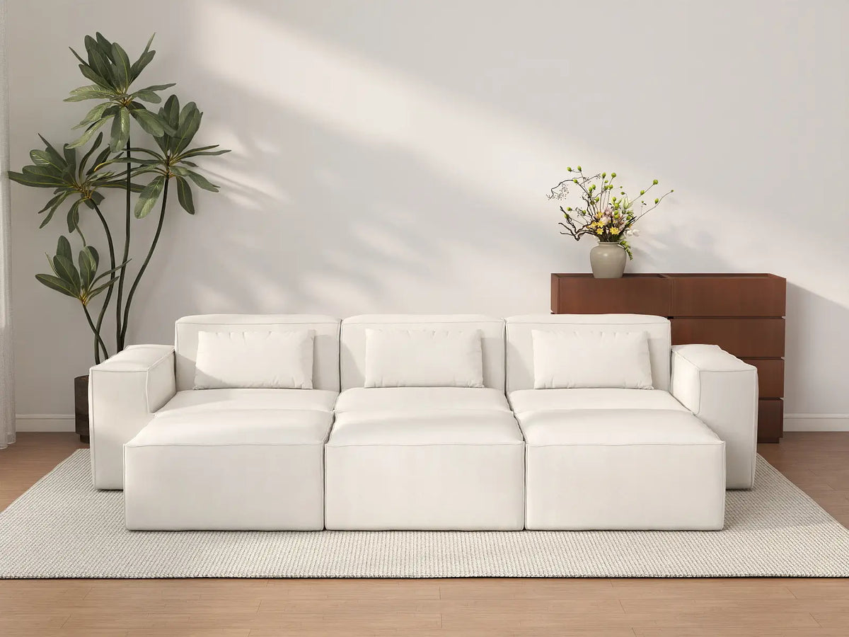 Forma Beige 3-Seater Pit Sectionals | 6-Piece (includes 3 ottomans), Cloud Velvet Fabric, Fixed Upholstery