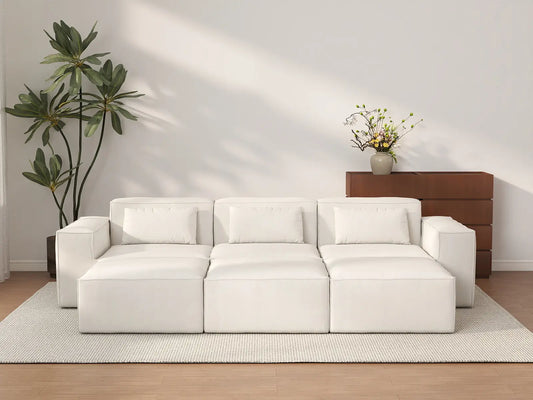 Forma Beige 3-Seater Pit Sectionals | 6-Piece (includes 3 ottomans), Cloud Velvet Fabric, Fixed Upholstery