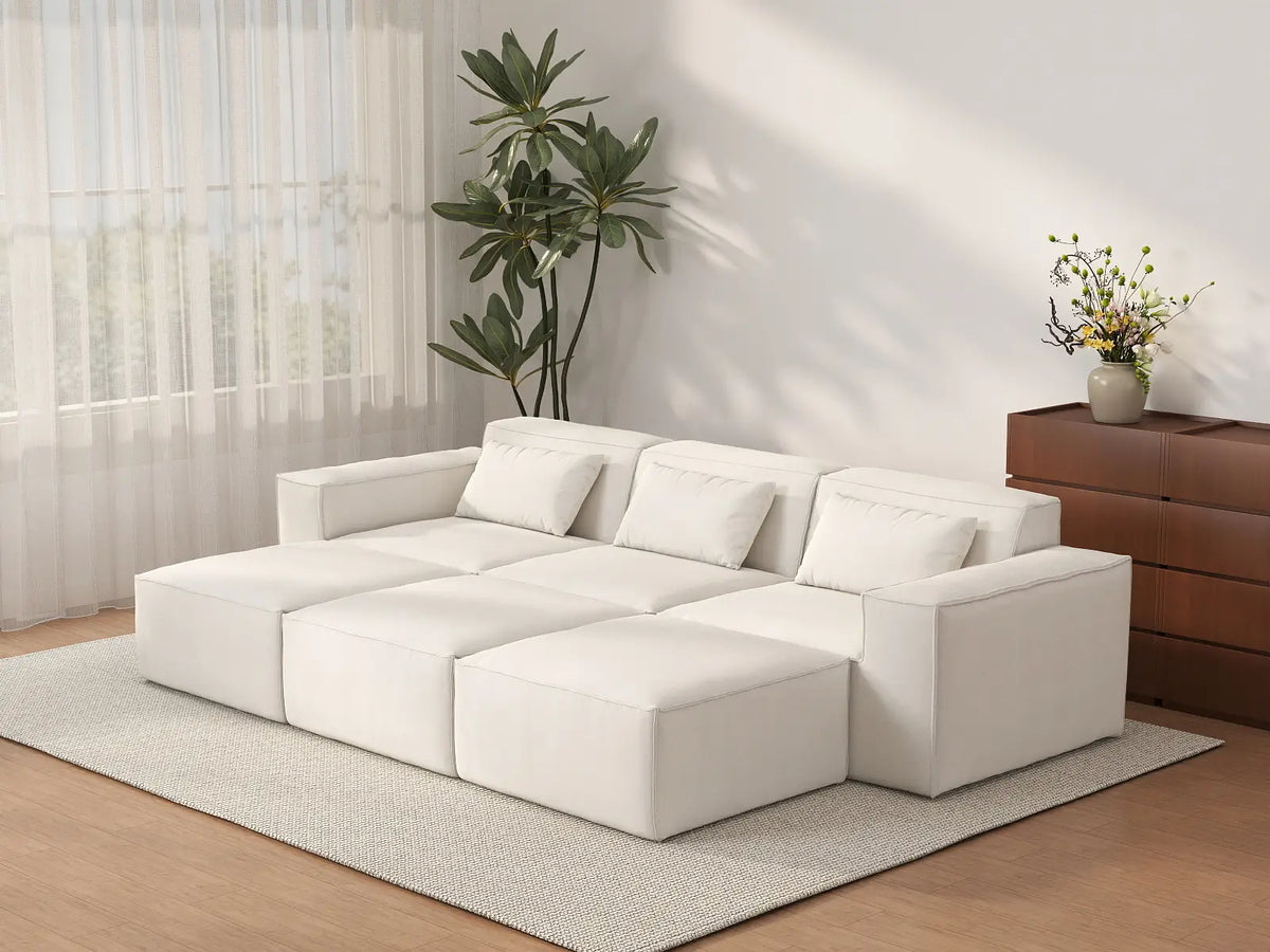 Forma Beige 3-Seater Pit Sectionals | 6-Piece (includes 3 ottomans), Cloud Velvet Fabric, Fixed Upholstery
