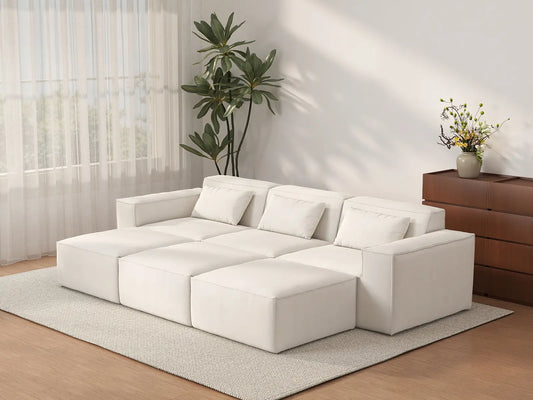 Forma Beige 3-Seater Pit Sectionals | 6-Piece (includes 3 ottomans), Cloud Velvet Fabric, Fixed Upholstery