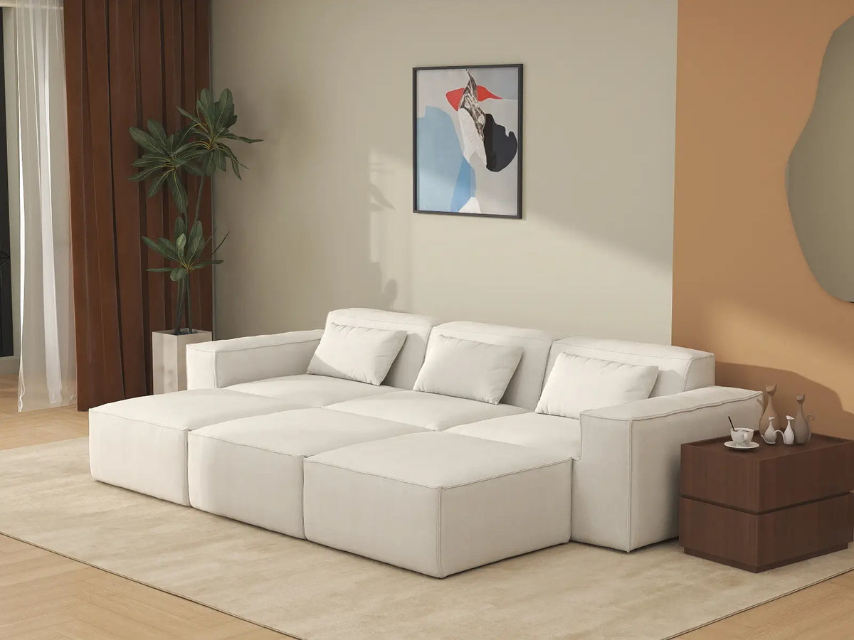 Forma Beige 3-Seater Pit Sectionals | 6-Piece (includes 3 ottomans), Cloud Velvet Fabric, Fixed Upholstery