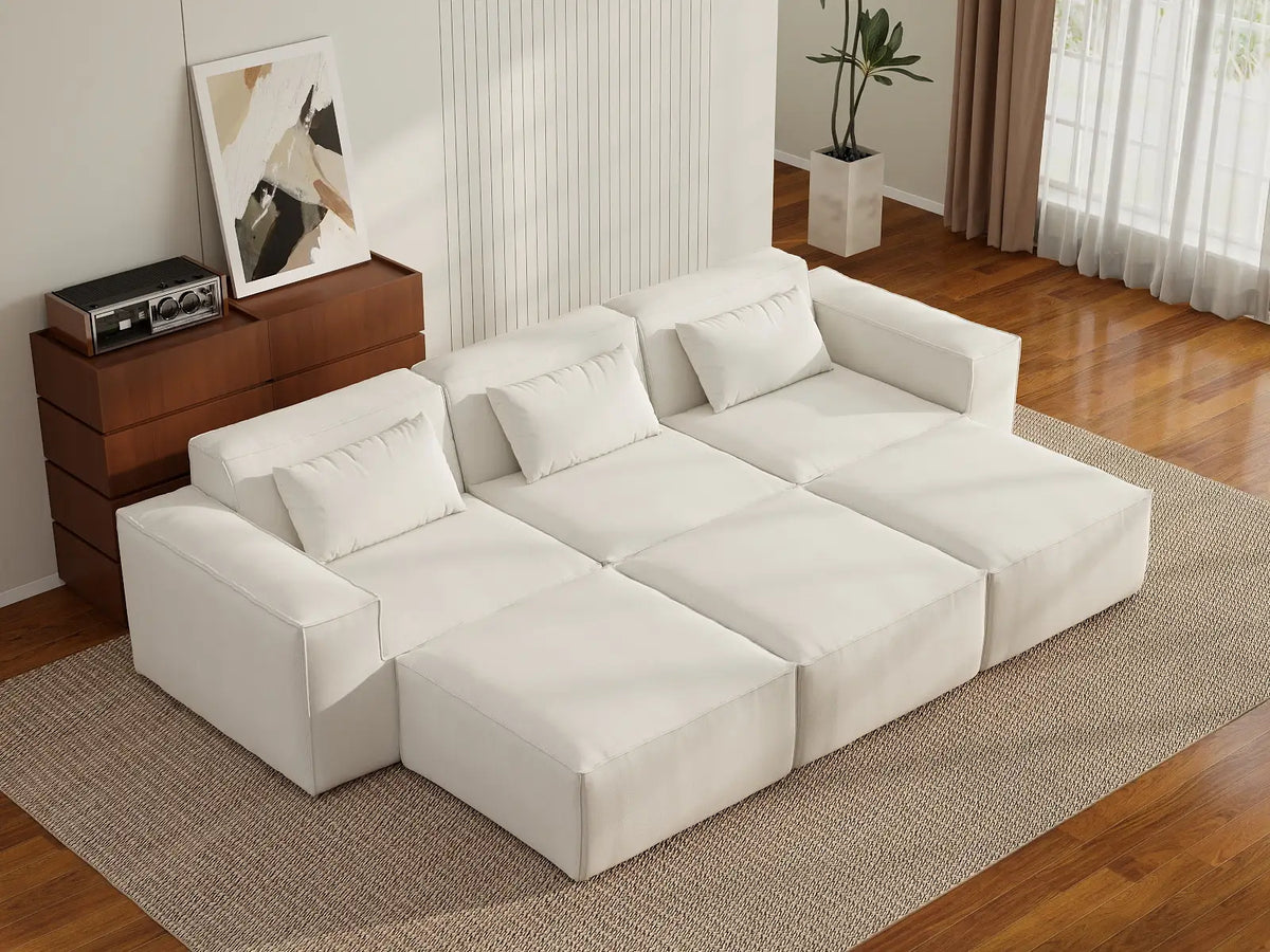 Forma Beige 3-Seater Pit Sectionals | 6-Piece (includes 3 ottomans), Cloud Velvet Fabric, Fixed Upholstery