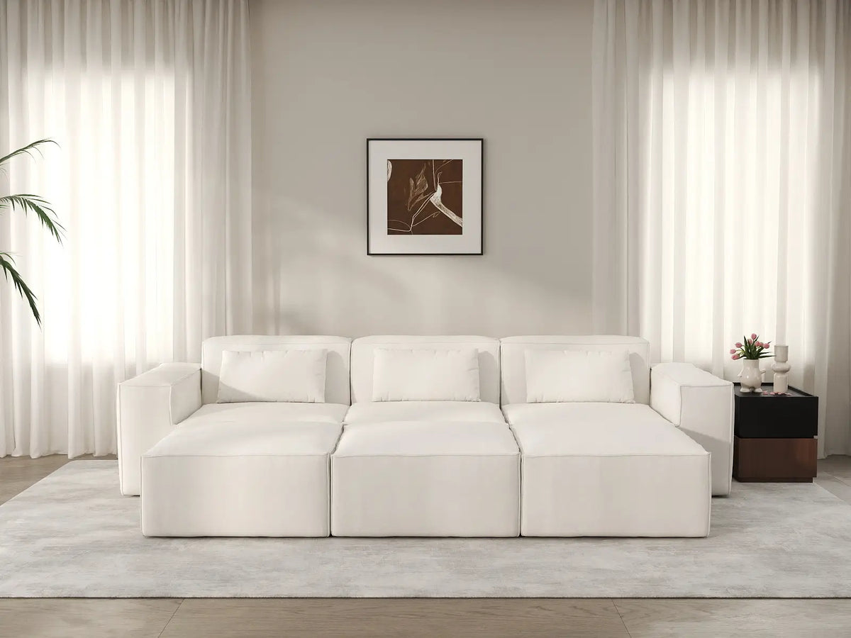 Forma Beige 3-Seater Pit Sectionals | 6-Piece (includes 3 ottomans), Cloud Velvet Fabric, Fixed Upholstery