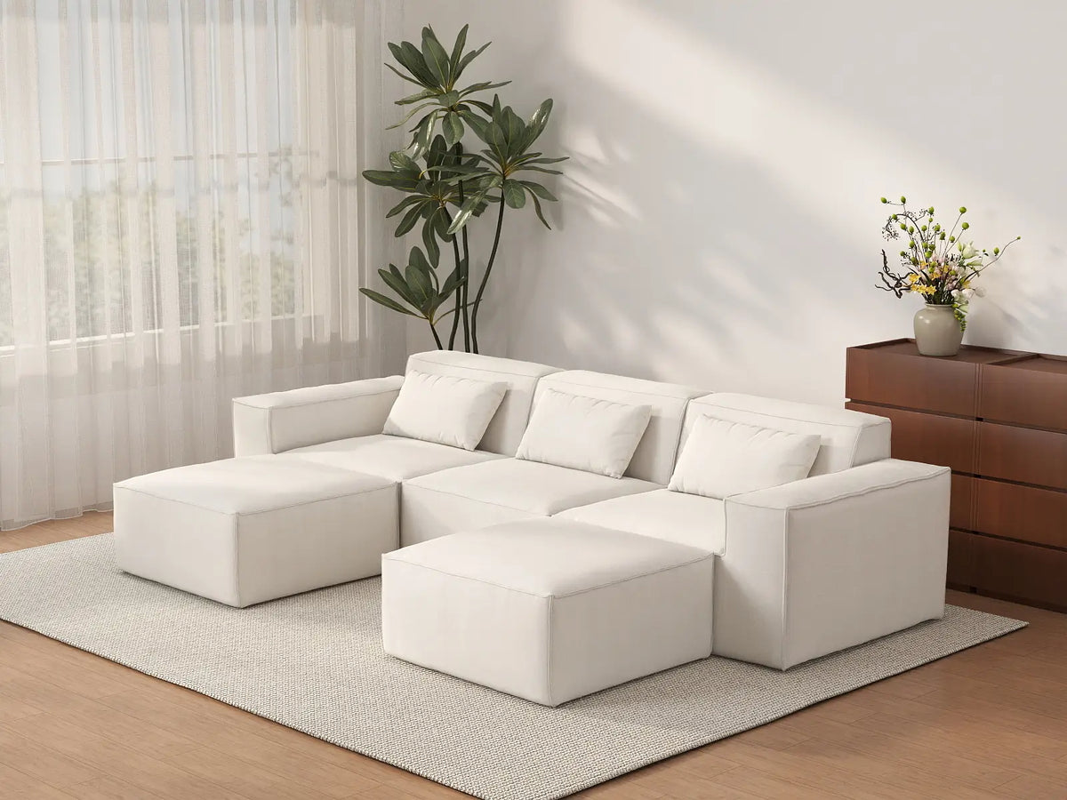 Forma Beige 3-Seater U-Shaped Sectionals | 5-Piece (includes 2 ottomans), Cloud Velvet Fabric, Fixed Upholstery