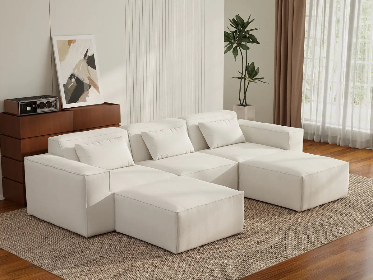 Forma Beige 3-Seater U-Shaped Sectionals | 5-Piece (includes 2 ottomans), Cloud Velvet Fabric, Fixed Upholstery