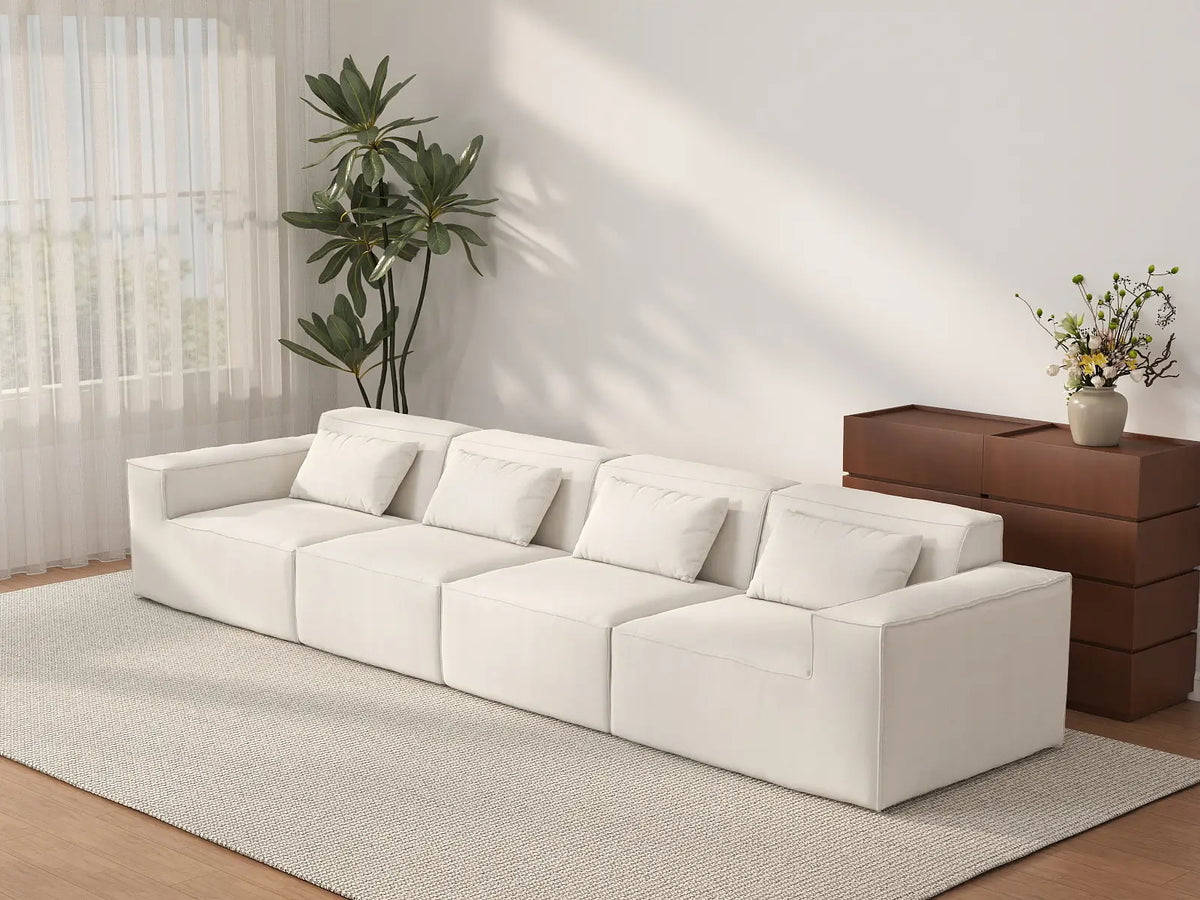 Forma Beige 4-Seater Couch Sectionals | 4-Piece, Cloud Velvet Fabric, Fixed Upholstery