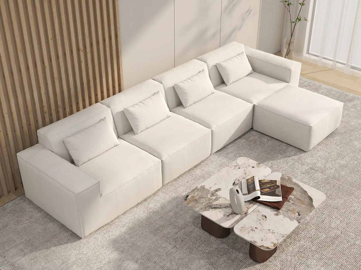 Forma Beige 4-Seater L-Shaped Sectionals | 5-Piece (includes 1 ottoman), Cloud Velvet Fabric, Fixed Upholstery