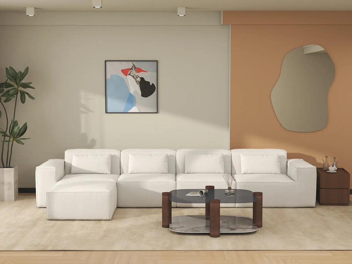 Forma Beige 4-Seater L-Shaped Sectionals | 5-Piece (includes 1 ottoman), Cloud Velvet Fabric, Fixed Upholstery