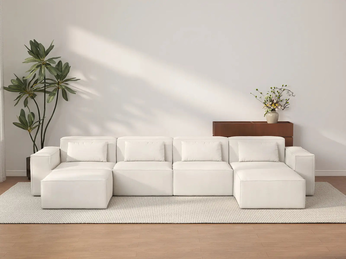 Beige 4-Seater U-Shaped Sectional | 6-Piece (Includes 2 Ottomans), Cloud Velvet Fabric, Fixed Upholstery