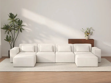Beige 4-Seater U-Shaped Sectional | 6-Piece (Includes 2 Ottomans), Cloud Velvet Fabric, Fixed Upholstery