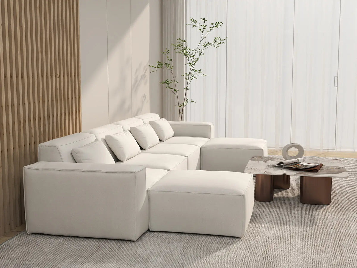 Beige 4-Seater U-Shaped Sectional | 6-Piece (Includes 2 Ottomans), Cloud Velvet Fabric, Fixed Upholstery