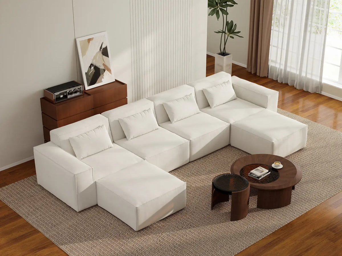 Beige 4-Seater U-Shaped Sectional | 6-Piece (Includes 2 Ottomans), Cloud Velvet Fabric, Fixed Upholstery
