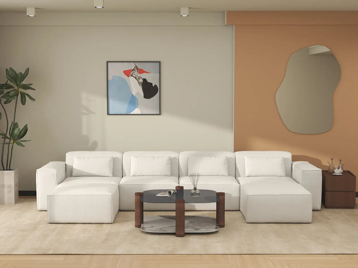 Beige 4-Seater U-Shaped Sectional | 6-Piece (Includes 2 Ottomans), Cloud Velvet Fabric, Fixed Upholstery