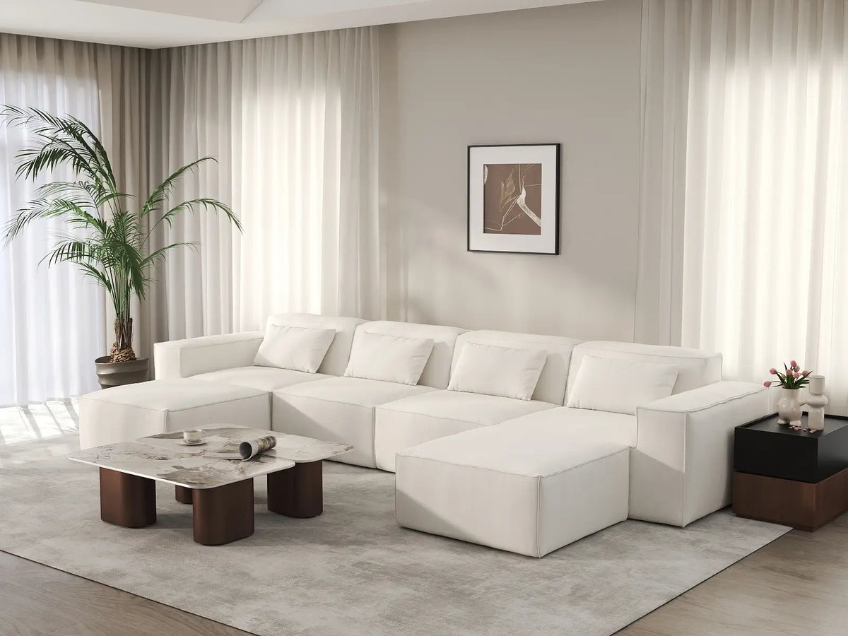 Beige 4-Seater U-Shaped Sectional | 6-Piece (Includes 2 Ottomans), Cloud Velvet Fabric, Fixed Upholstery