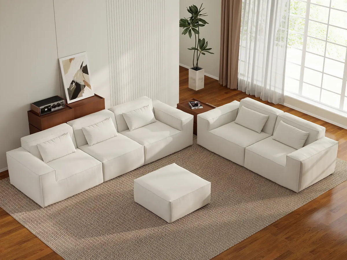 Forma Beige 5-Seater Sofa Sets | 6-Piece (includes 1 ottoman), Cloud Velvet Fabric, Fixed Upholstery