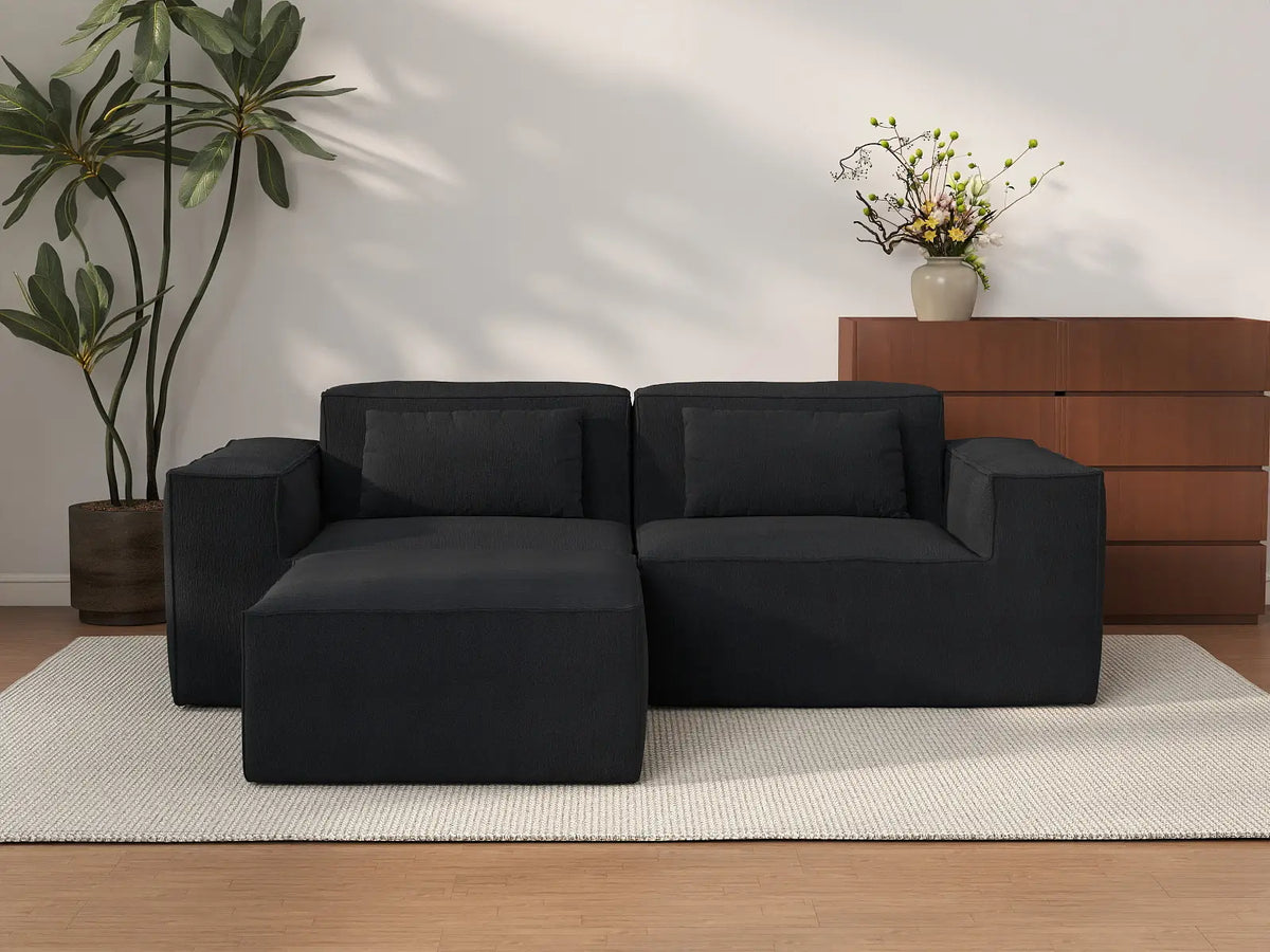 Sofá modular seccional Matrix de 2 plazas con chaise longue, color negro | 3 piezas (incluye 1 otomana), tejido Cloud Velvet, diseño compacto