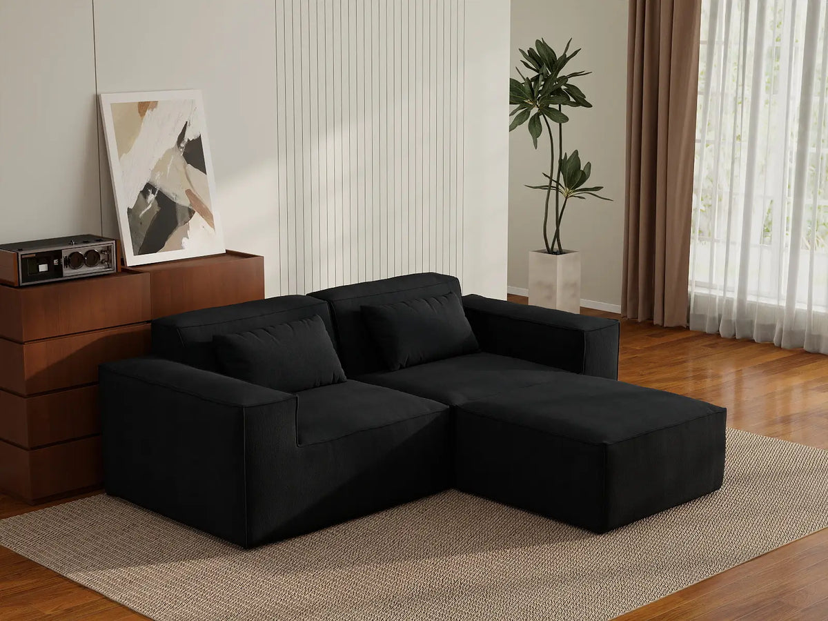 Sofá modular seccional Matrix de 2 plazas con chaise longue, color negro | 3 piezas (incluye 1 otomana), tejido Cloud Velvet, diseño compacto
