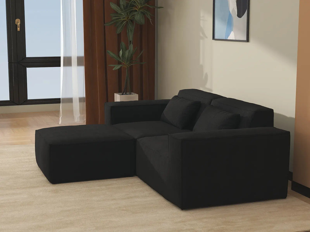 Sofá modular seccional Matrix de 2 plazas con chaise longue, color negro | 3 piezas (incluye 1 otomana), tejido Cloud Velvet, diseño compacto