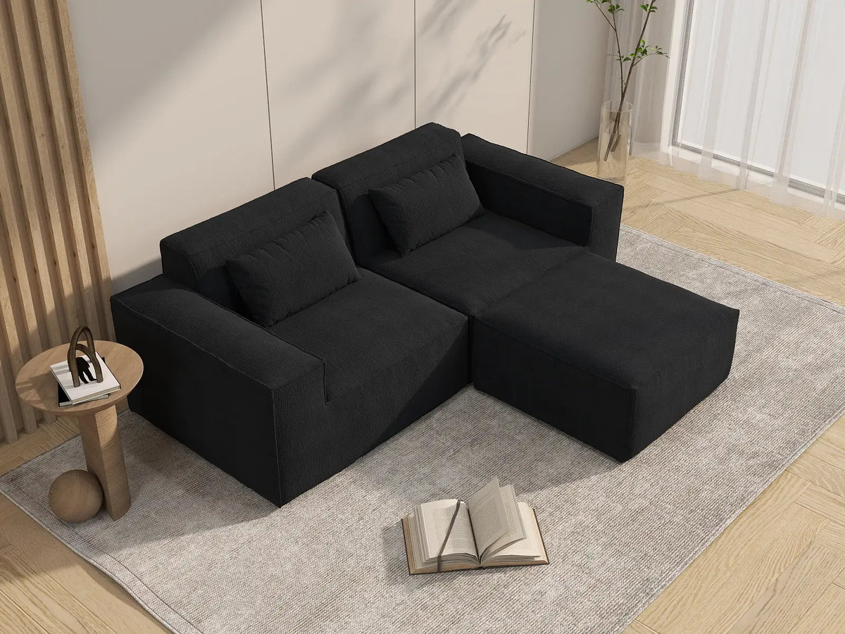 Sofá modular seccional Matrix de 2 plazas con chaise longue, color negro | 3 piezas (incluye 1 otomana), tejido Cloud Velvet, diseño compacto