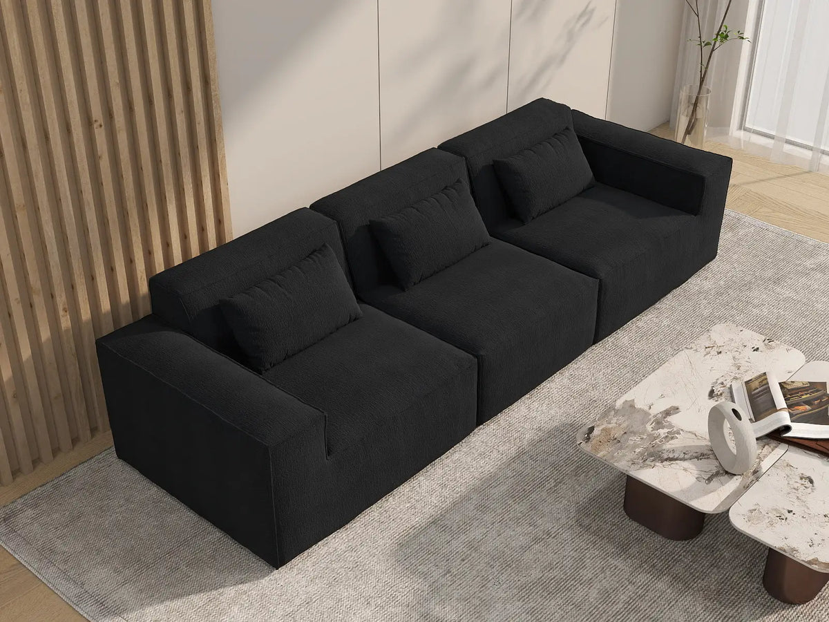 Forma Black 3-Seater Couch Sectionals | 3-Piece, Cloud Velvet Fabric, Fixed Upholstery