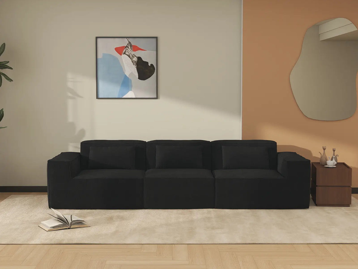 Forma Black 3-Seater Couch Sectionals | 3-Piece, Cloud Velvet Fabric, Fixed Upholstery