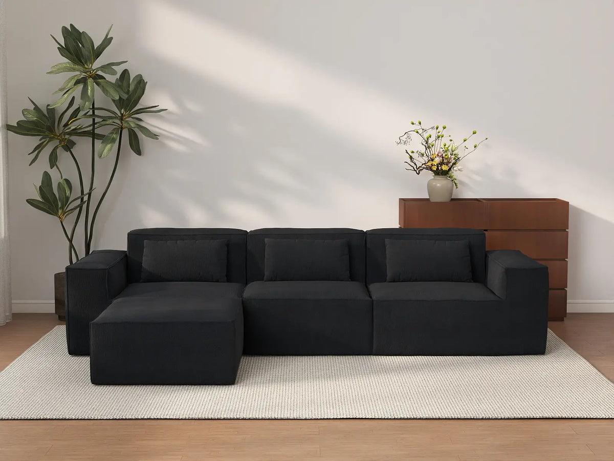 Forma Black 3-Seater L-Shaped Sectionals | 4-Piece (includes 1 ottoman), Cloud Velvet Fabric, Fixed Upholstery