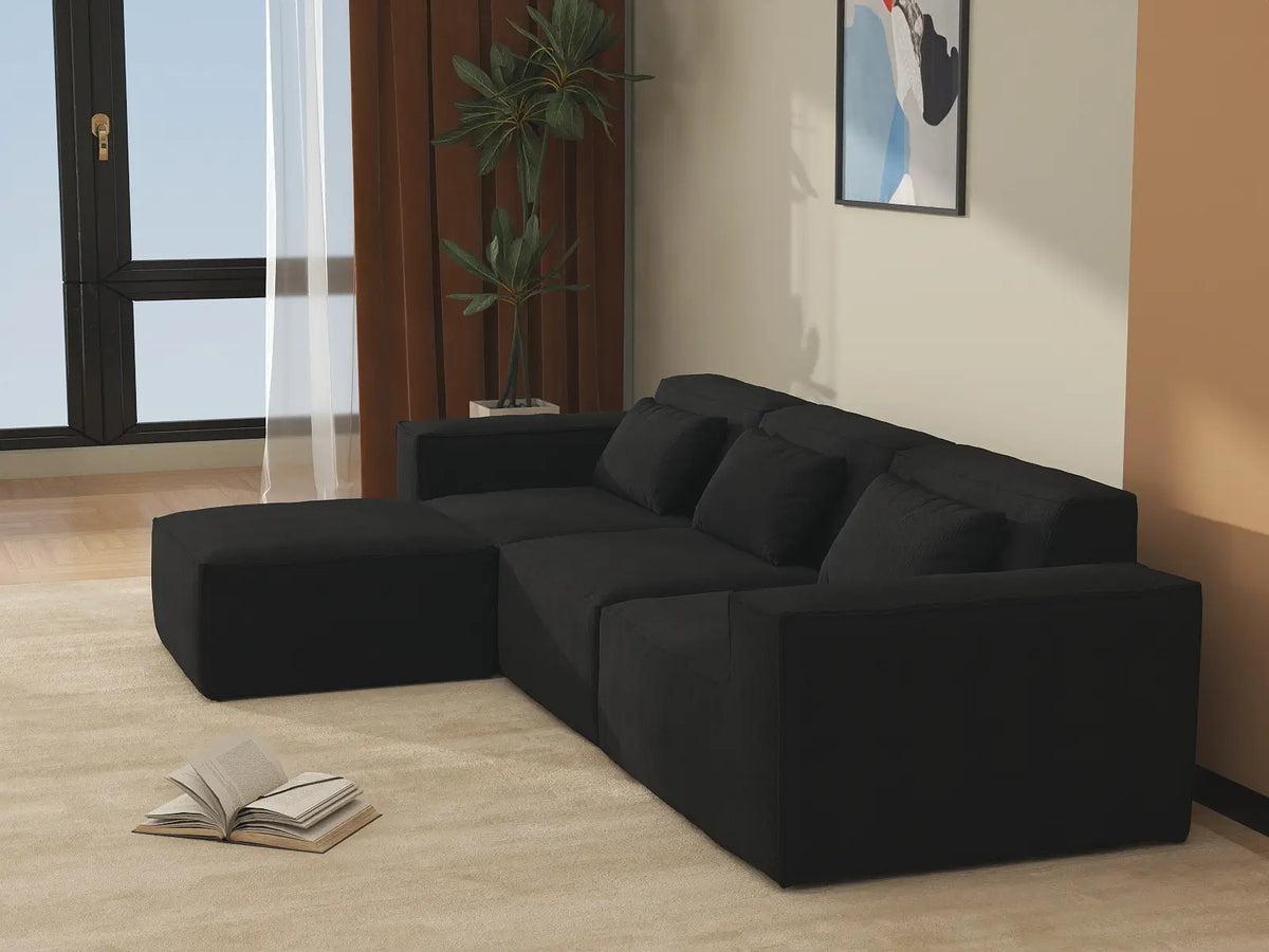 Forma Black 3-Seater L-Shaped Sectionals | 4-Piece (includes 1 ottoman), Cloud Velvet Fabric, Fixed Upholstery