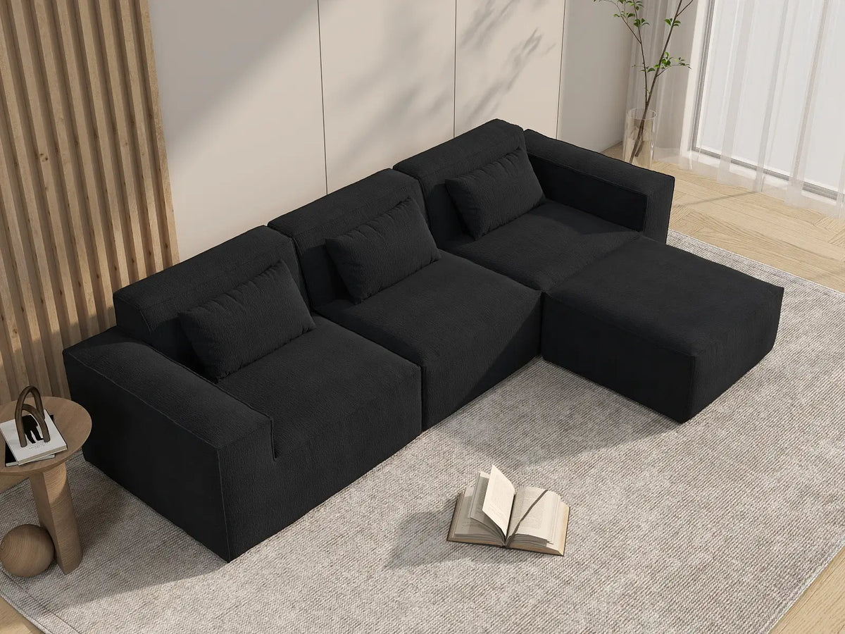Forma Black 3-Seater L-Shaped Sectionals | 4-Piece (includes 1 ottoman), Cloud Velvet Fabric, Fixed Upholstery