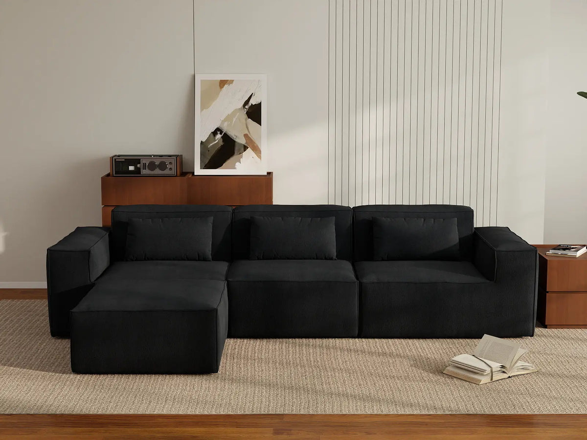 Forma Black 3-Seater L-Shaped Sectionals | 4-Piece (includes 1 ottoman), Cloud Velvet Fabric, Fixed Upholstery