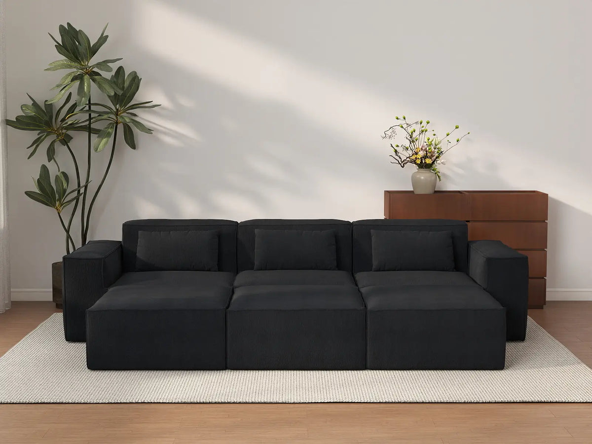 Forma Black 3-Seater Pit Sectionals | 6-Piece (includes 3 ottomans), Cloud Velvet Fabric, Fixed Upholstery