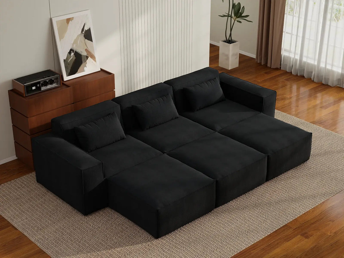 Forma Black 3-Seater Pit Sectionals | 6-Piece (includes 3 ottomans), Cloud Velvet Fabric, Fixed Upholstery