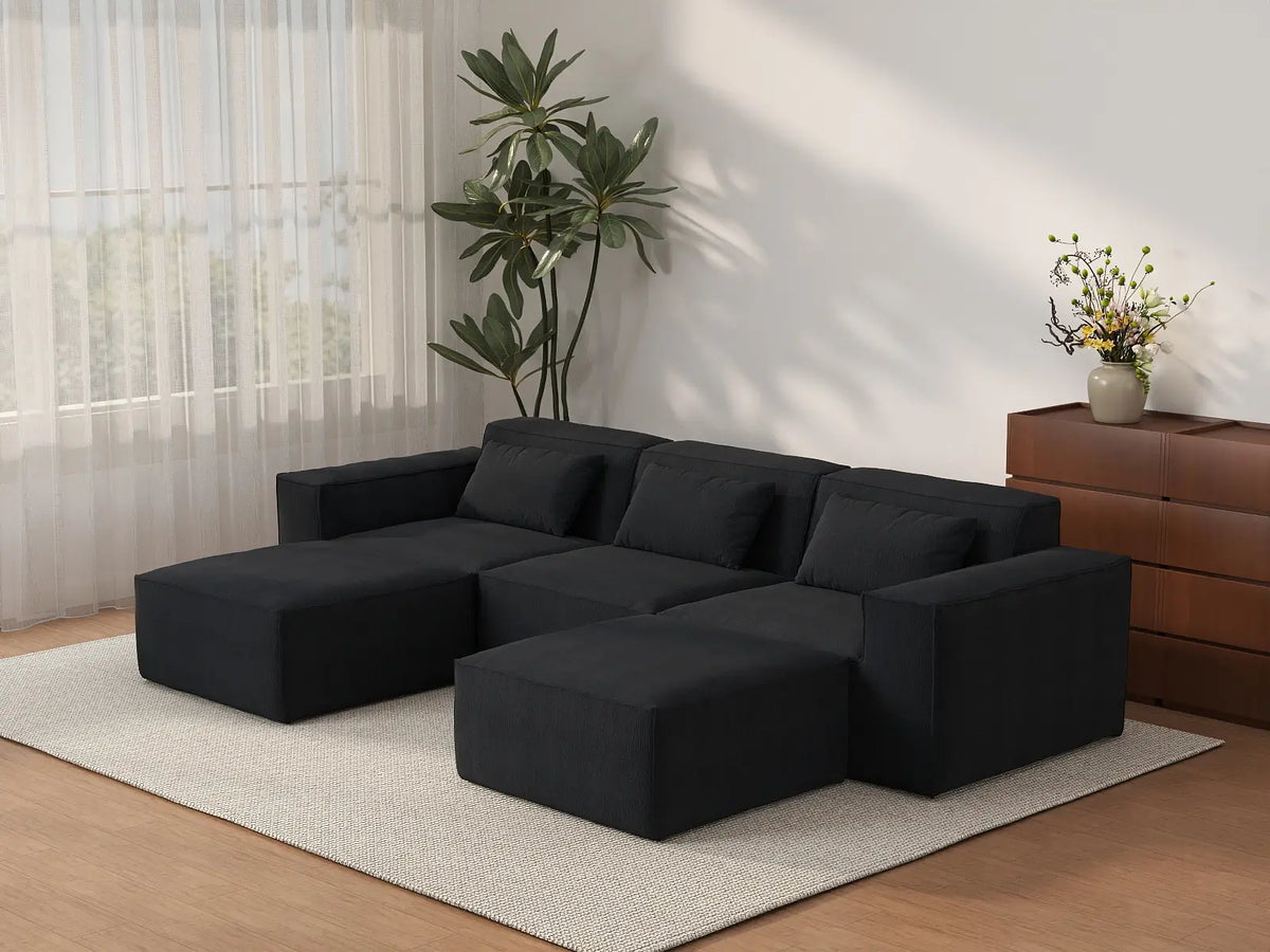 Forma Black 3-Seater U-Shaped Sectionals | 5-Piece (includes 2 ottomans), Cloud Velvet Fabric, Fixed Upholstery