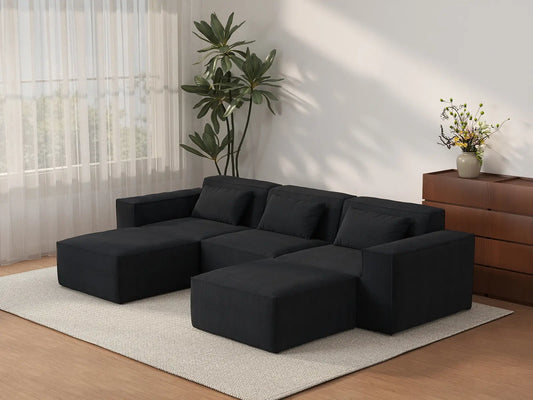 Forma Black 3-Seater U-Shaped Sectionals | 5-Piece (includes 2 ottomans), Cloud Velvet Fabric, Fixed Upholstery