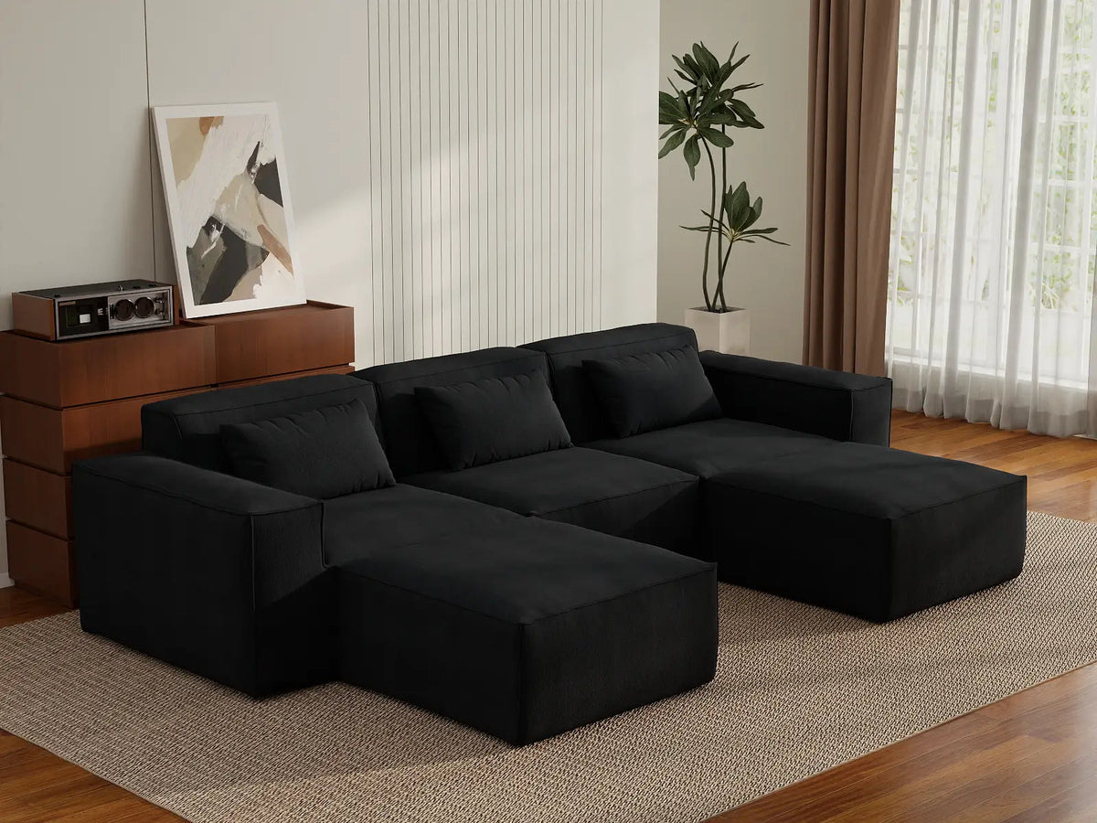 Forma Black 3-Seater U-Shaped Sectionals | 5-Piece (includes 2 ottomans), Cloud Velvet Fabric, Fixed Upholstery