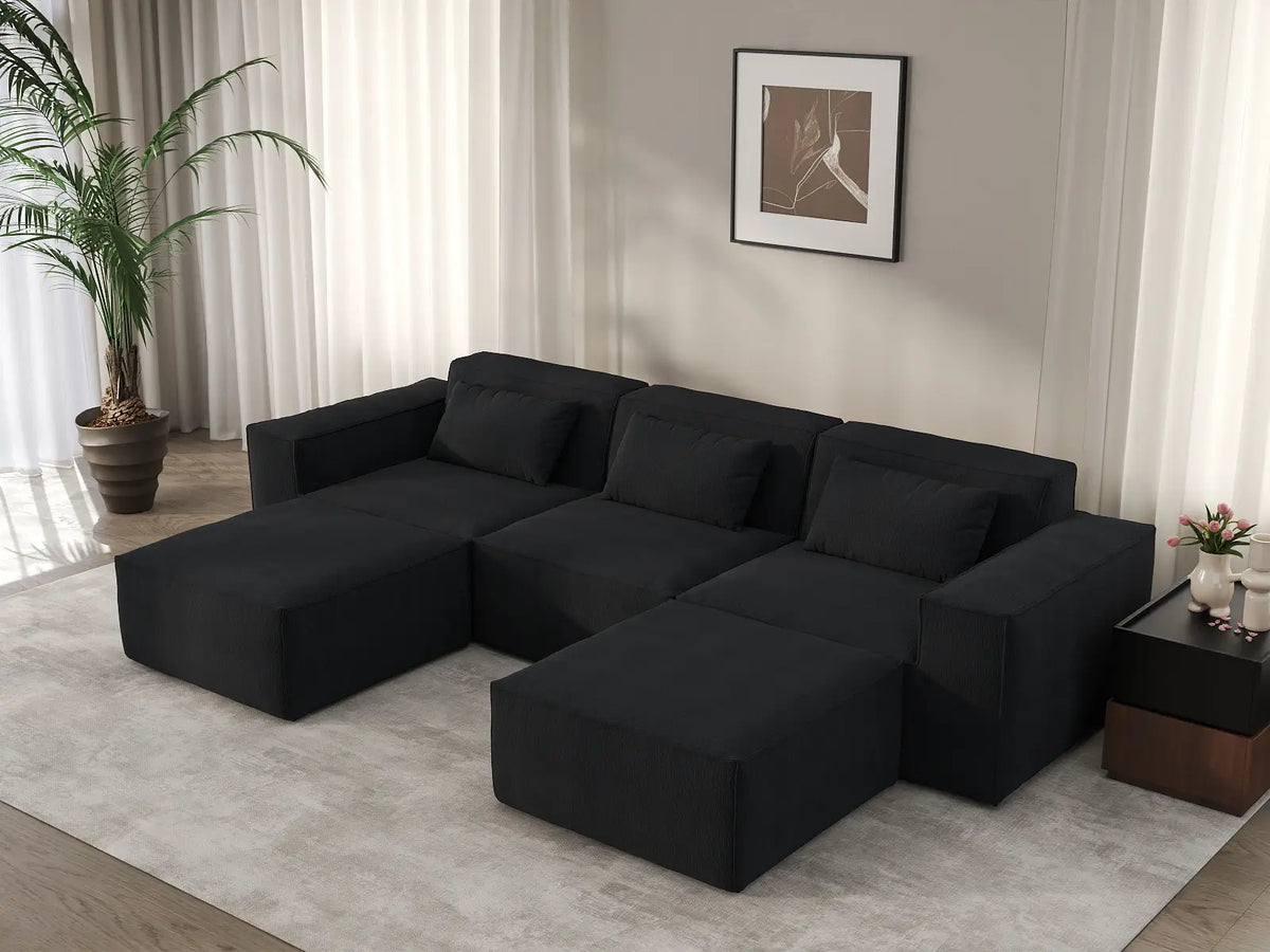 Forma Black 3-Seater U-Shaped Sectionals | 5-Piece (includes 2 ottomans), Cloud Velvet Fabric, Fixed Upholstery